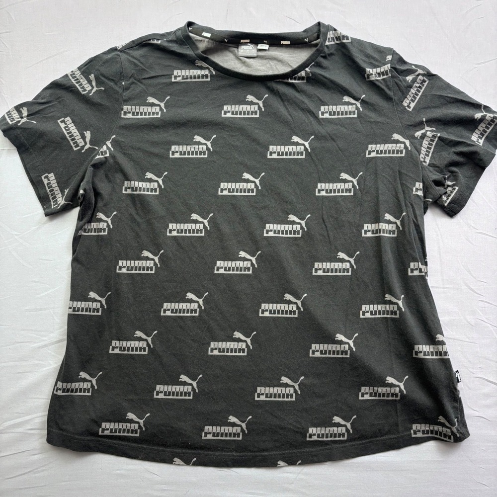 Puma Mens 2XL All Over Print Logo T-Shirt Dark Gray Short Sleeve Crew Neck Tee